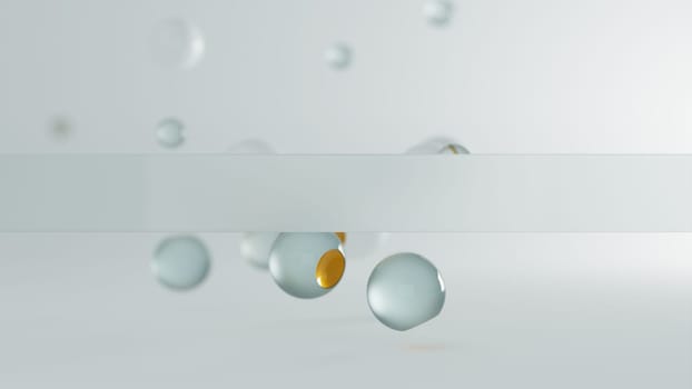 Background 3d abstraction from a group of layers of glass and plastic. Mockup on the topic of particle research, macro view with bokeh on balls, and with transparent glass. 3d rendering