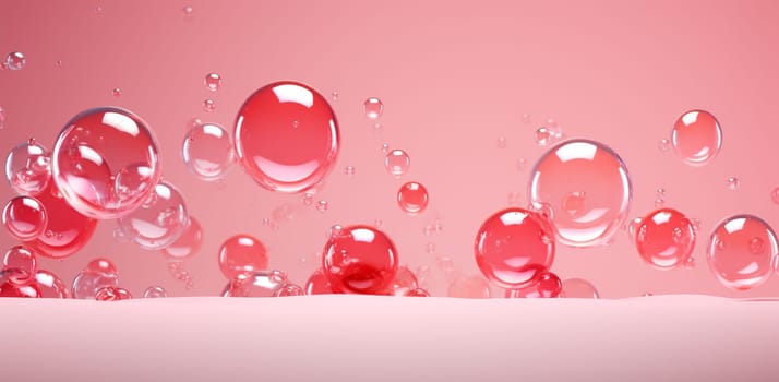Pink abstract background with glass shining spheres. Backdrop design for product promotion. 3d rendering