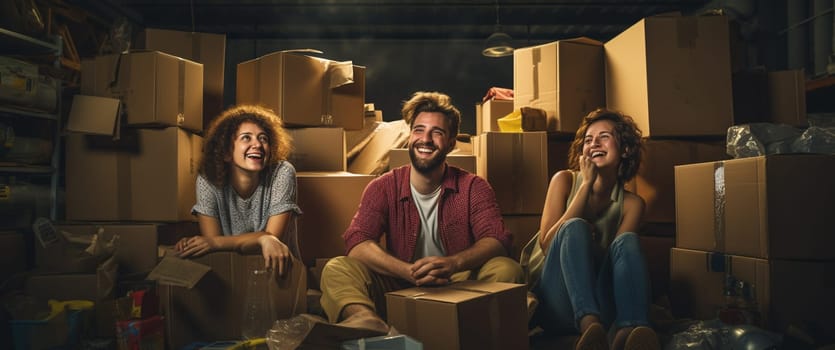 Happy laughing friends sitting on floor in their new home surrounded by cardboard boxes. New life, real estate, moving day concept. High quality photo