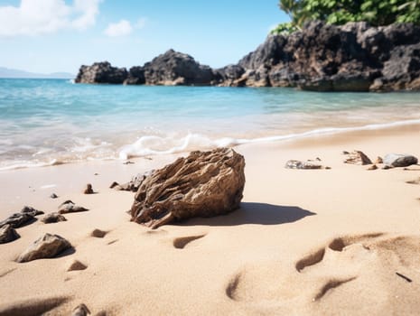 Sandy beach with waves, beautiful tropical bay. High quality photo