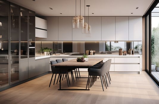 Dark wooden kitchen interior with bar chairs and countertop on grey concrete floor, side view. Modern eating space in apartment, panoramic window on countryside. 3D rendering. High quality photo
