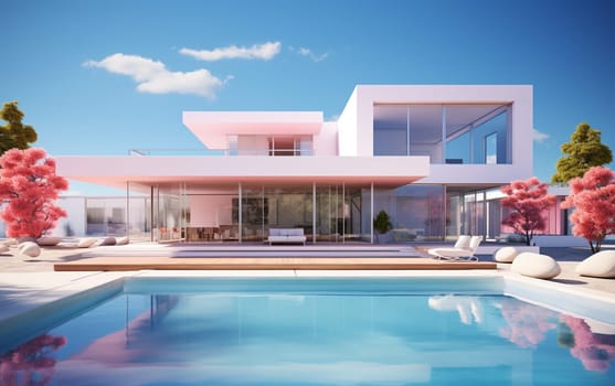 3D render of white modern house with swimming pool on lake background, Exterior with large window design. High quality photo