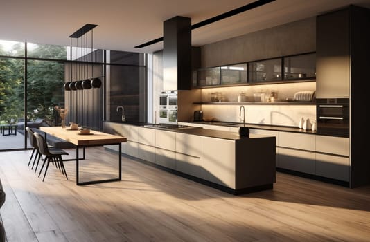 Dark wooden kitchen interior with bar chairs and countertop on grey concrete floor, side view. Modern eating space in apartment, panoramic window on countryside. 3D rendering. High quality photo
