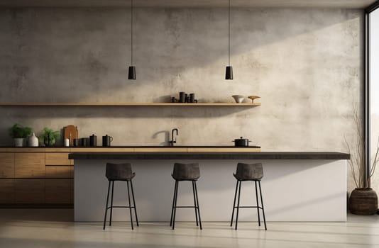 Dark wooden kitchen interior with bar chairs and countertop on grey concrete floor, side view. Modern eating space in apartment, panoramic window on countryside. 3D rendering. High quality photo