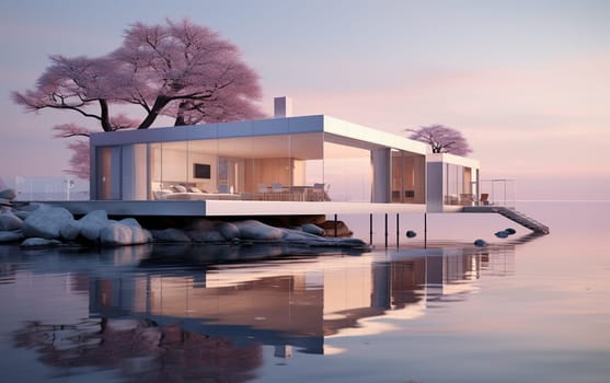 3D rendering of a contemporary house by the water. High quality photo