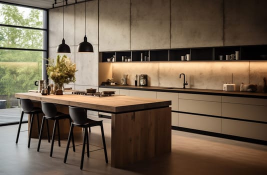 Dark wooden kitchen interior with bar chairs and countertop on grey concrete floor, side view. Modern eating space in apartment, panoramic window on countryside. 3D rendering. High quality photo