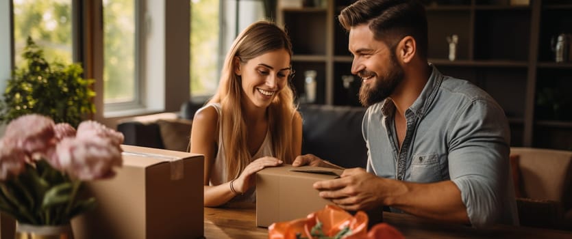 Young couple moving to a new apartment together relocation. High quality photo