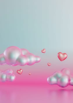 Surreal Y2K-style digital render featuring metallic clouds and floating hearts in a gradient of blue to pink, with ample copy space for text. 3D