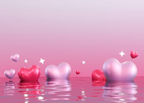 Pink background with shiny hearts, stars, water and copy space. Valentine's Day, Woman's, Mothers Day backdrop. Empty space for text. Postcard, greeting card design. Y2k Valentine gradient. 3D
