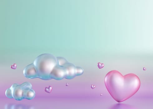 Surreal Y2K-style digital render featuring metallic clouds and floating hearts in a gradient of blue to violet, with ample copy space for text. 3D