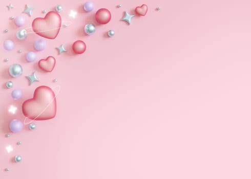 Cute, pink background with shiny stars, hearts, pearls and copy space. Valentines Day, Womans, Mothers Day backdrop. Empty space for text. Postcard, greeting card design. Pastel colors. Y2k style. 3D