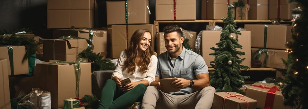 Relaxing in new house. Cheerful young couple sitting on the floor while cardboard boxes laying all around them. High quality photo