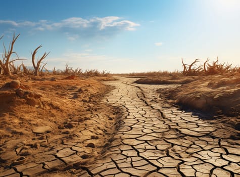 Cracked earth from arid drought weather in dam or river, hot summer nature, land and hills on sky environment, surface clay soil rough crack pattern texture background, desert broken on hot mud ground. High quality photo