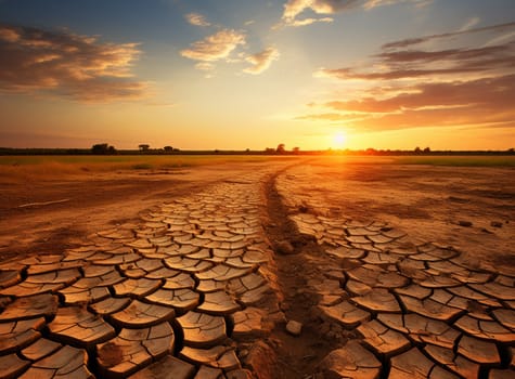 Cracked earth from arid drought weather in dam or river, hot summer nature, land and hills on sky environment, surface clay soil rough crack pattern texture background, desert broken on hot mud ground. High quality photo