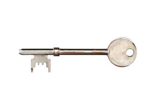 Silver key for mortice sash and dead locks isolated on white with clipping path