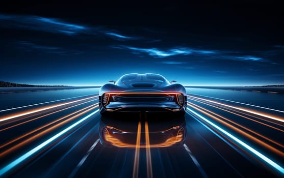 3D Car Model: Sports Car Driving at on a Wet Road on High Speed, Racing Through the Colorful Tunnel With Lights Reflecting Everywhere. Dark Supercar Driving Fast on Highway. VFX Edit. High quality photo