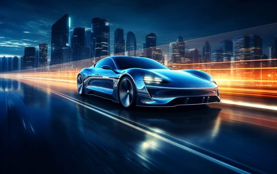 Futuristic Sports Car On Neon Highway. Powerful acceleration of a supercar on a night track with colorful lights and trails. 3d illustration