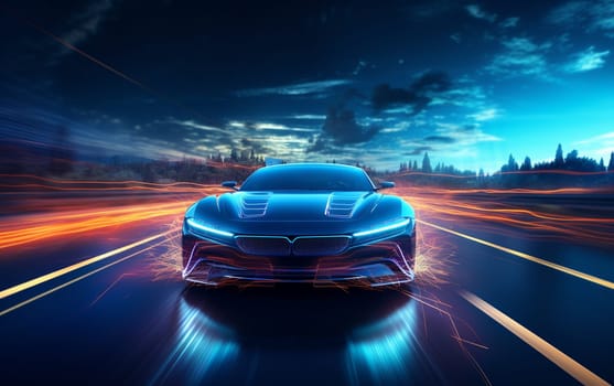 3D Car Model: Sports Car Driving at on a Wet Road on High Speed, Racing Through the Colorful Tunnel With Lights Reflecting Everywhere. Dark Supercar Driving Fast on Highway. VFX Edit. High quality photo