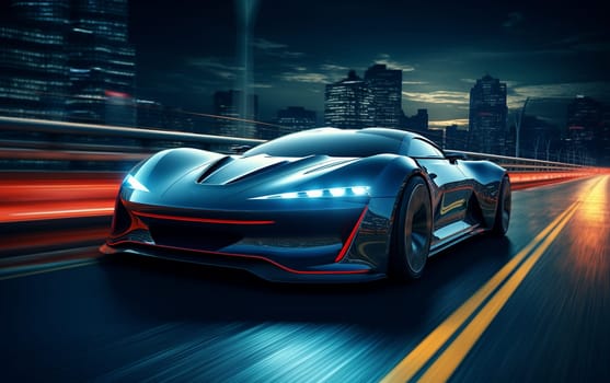 Futuristic Sports Car On Neon Highway. Powerful acceleration of a supercar on a night track with colorful lights and trails. 3d illustration