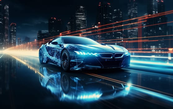 3D Car Model: Sports Car Driving at on a Wet Road on High Speed, Racing Through the Colorful Tunnel With Lights Reflecting Everywhere. Dark Supercar Driving Fast on Highway. VFX Edit. High quality photo