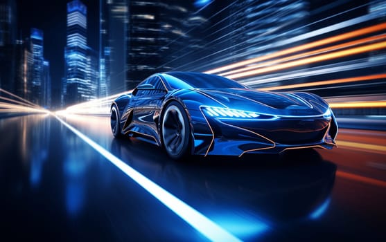 Futuristic Sports Car On Neon Highway. Powerful acceleration of a supercar on a night track with colorful lights and trails. 3d illustration