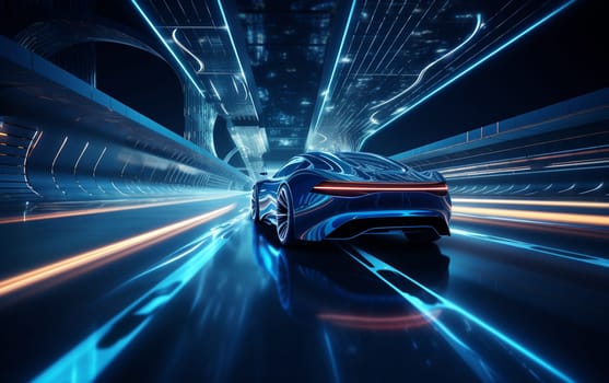 Futuristic Sports Car On Neon Highway. Powerful acceleration of a supercar on a night track with colorful lights and trails. 3d illustration