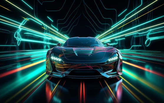 Speeding Sports Car On Neon Highway. Powerful acceleration of a supercar on a night track with colorful lights and trails. 3d render