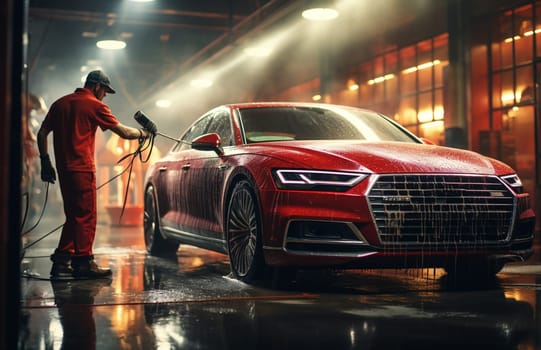 Adult Car Washer in Uniform Washing a Red Performance Car with a High Pressure Cleaner. Cleaning Technician Working on a Stylish American Car in a Dark Room. Commercial Studio Footage for Advertising. High quality photo
