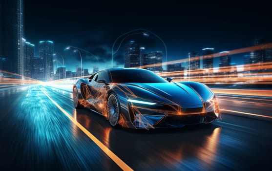 Speeding Sports Car On Neon Highway. Powerful acceleration of a supercar on a night track with colorful lights and trails. 3d render