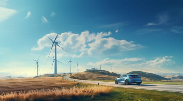 Wind turbine farm power electric vehicle charging station with beautiful sunset, Alternative sustainable green energy, eco friendly car recharge, Renewable clean resource concept 3d rendering