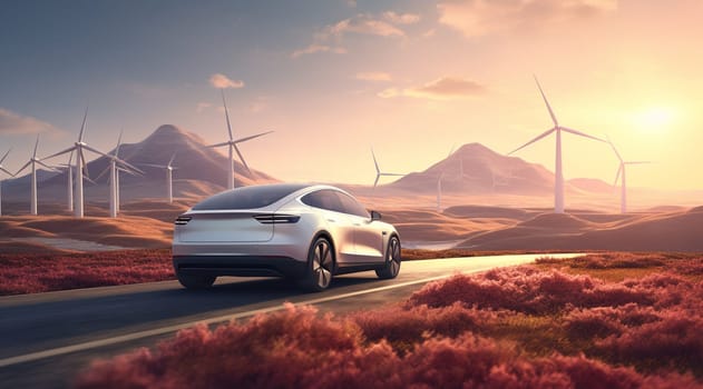 Wind turbine farm power electric vehicle charging station with beautiful sunset, Alternative sustainable green energy, eco friendly car recharge, Renewable clean resource concept 3d rendering