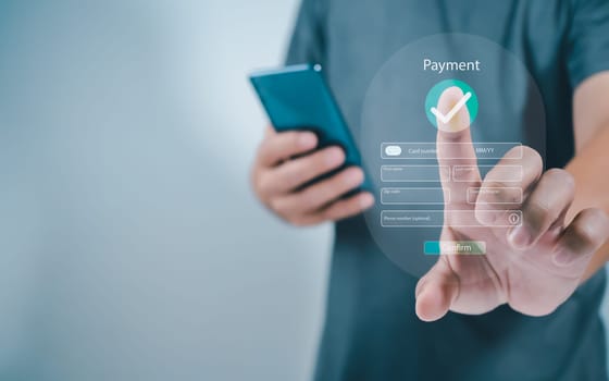 Human using mobile smart phone, Digital online payment concept, online payment, banking, online shopping. Technology online banking applications via internet network. financial transaction.