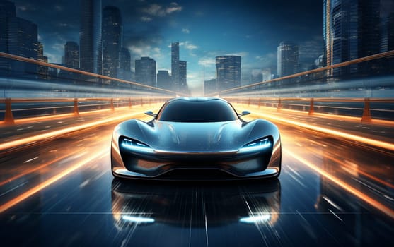 Futuristic Sports Car On Neon Highway. Powerful acceleration of a supercar on a night track with colorful lights and trails. 3d illustration