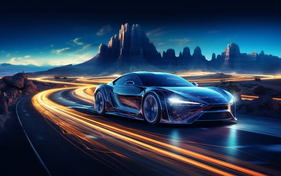 Speeding Sports Car On Neon Highway. Powerful acceleration of a supercar on a night track with colorful lights and trails. 3d render