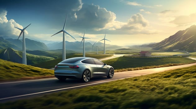 Wind turbine farm power electric vehicle charging station with beautiful sunset, Alternative sustainable green energy, eco friendly car recharge, Renewable clean resource concept 3d rendering