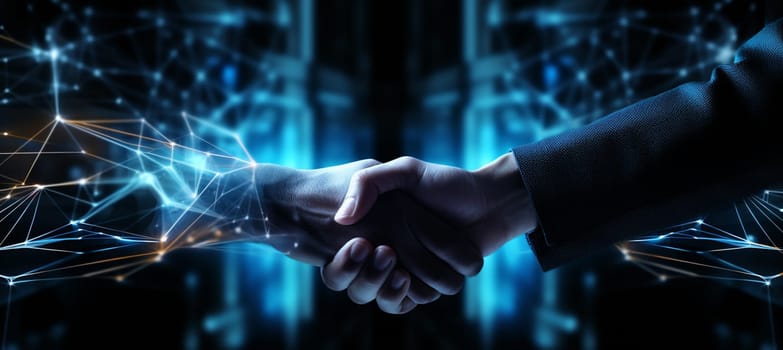 Double exposure of business theme hologram and handshake of two men. Success concept. High quality photo