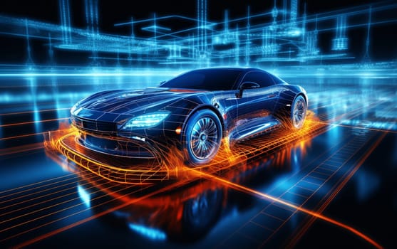 3D Car Model: Sports Car Driving at on a Wet Road on High Speed, Racing Through the Colorful Tunnel With Lights Reflecting Everywhere. Dark Supercar Driving Fast on Highway. VFX Edit. High quality photo