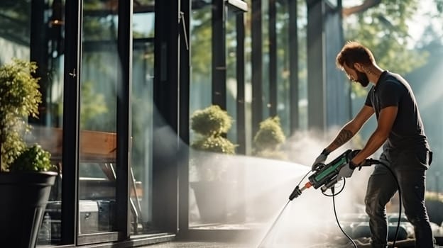 Window washing on a high-rise building using a hydraulic tower. High quality photo