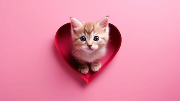 A cute and attractive kitten surrounded by a red heart on a pink background evokes the sweetness of Valentine's Day, perfect for banners or heartfelt greeting cards