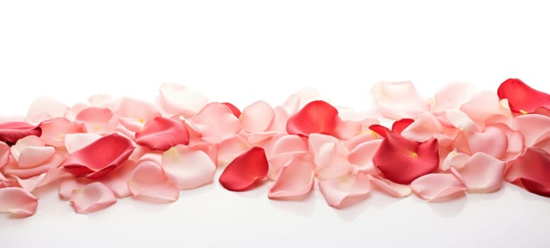 Romantic rose petals on white background. Flat lay, top view, copy space.
