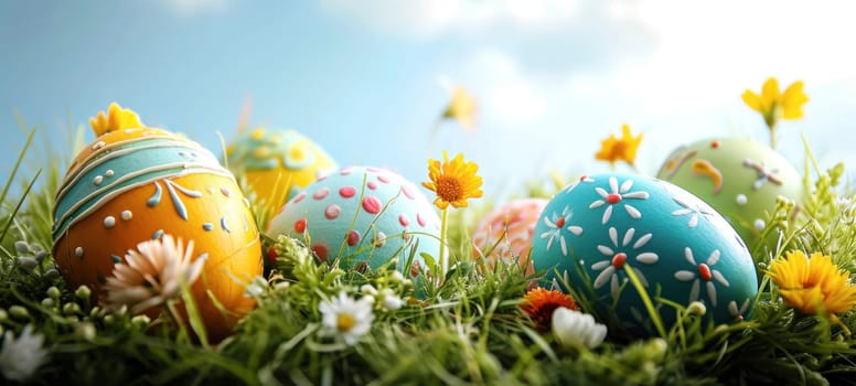 Happy Easter. Decorated Easter eggs on green grass on a sunny spring day. Easter banner with copy space