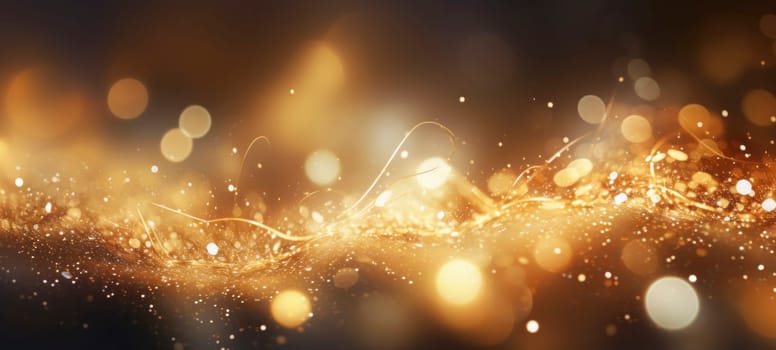 Abstract background with golden sparkles, shiny bokeh glitter lights. Festive gold background for card, flyer, invitation, placard, voucher, banner