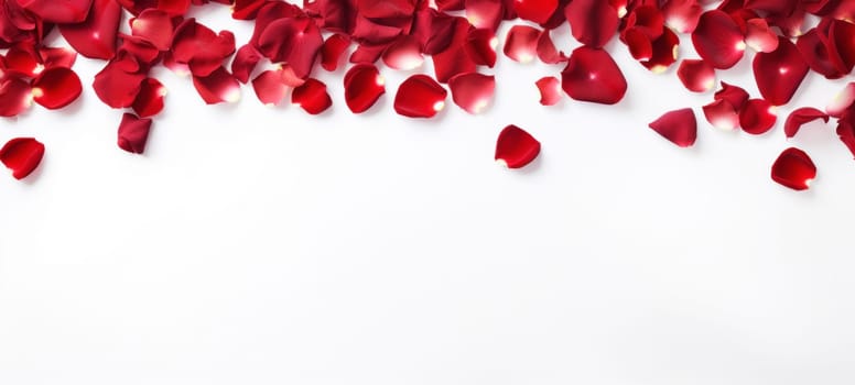 Romantic red rose petals on white background. Flat lay, top view, copy space.