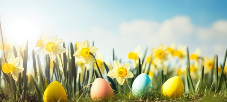 Happy Easter. Easter eggs on green grass with yellow daffodils on a sunny spring day. Easter banner with copy space