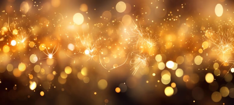 Abstract background with golden fireworks, sparkles, shiny bokeh glitter lights. Festive gold background for card, flyer, invitation, placard, voucher, banner