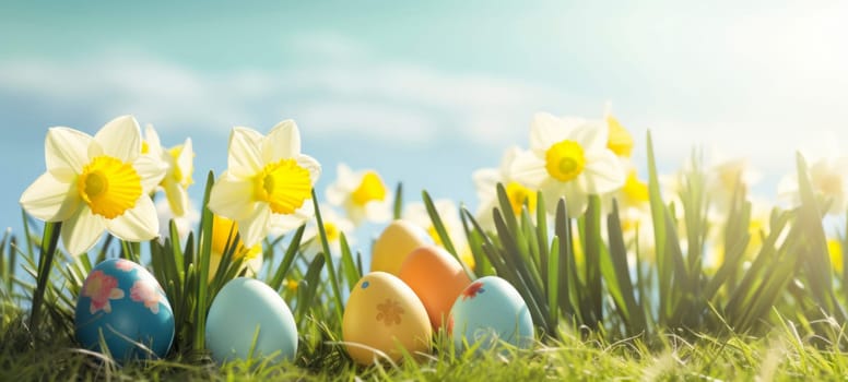 Happy Easter. Easter eggs on green grass with yellow daffodils on a sunny spring day. Easter banner with copy space