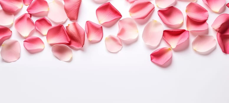 Romantic rose petals on white background. Flat lay, top view, copy space.