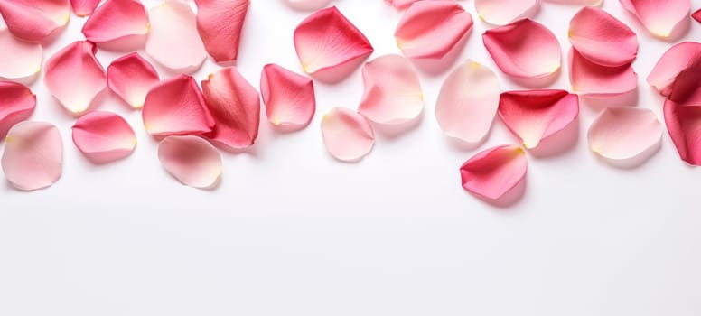 Romantic rose petals on white background. Flat lay, top view, copy space.