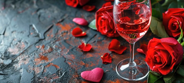 Valentine's day background with glasses of champagne and roses. Horizontal banner or greeting card with copy space