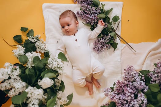 A cute baby is lying on a blanket among flowers. Spring concept. High quality photo